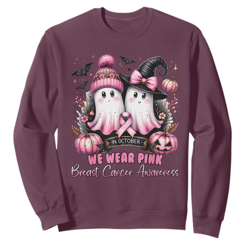 Breast Cancer Support Witch Sweatshirt In October We Wear Pink Ghost Witch