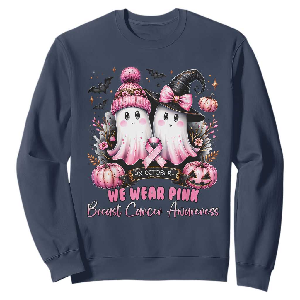 Breast Cancer Support Witch Sweatshirt In October We Wear Pink Ghost Witch