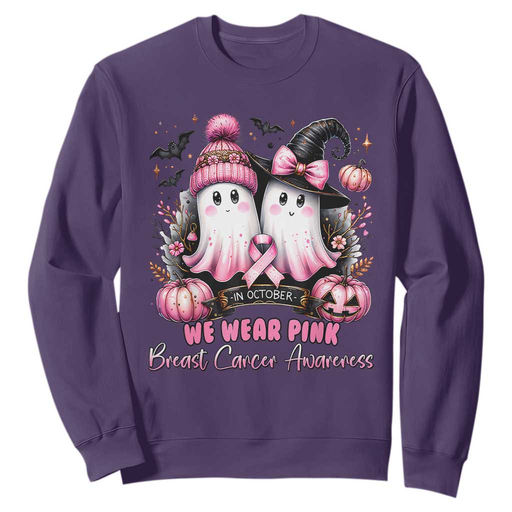 Breast Cancer Support Witch Sweatshirt In October We Wear Pink Ghost Witch