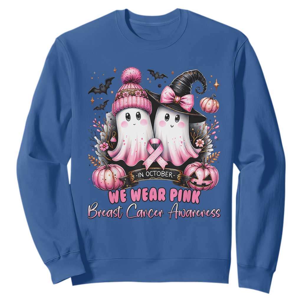 Breast Cancer Support Witch Sweatshirt In October We Wear Pink Ghost Witch