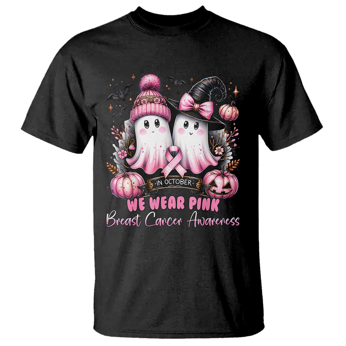 Breast Cancer Support Witch T Shirt In October We Wear Pink Ghost Witch