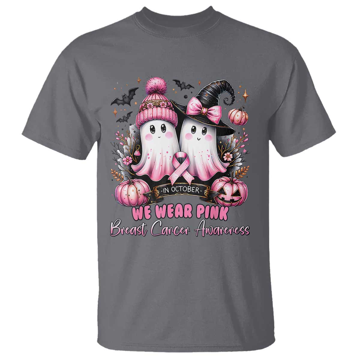 Breast Cancer Support Witch T Shirt In October We Wear Pink Ghost Witch