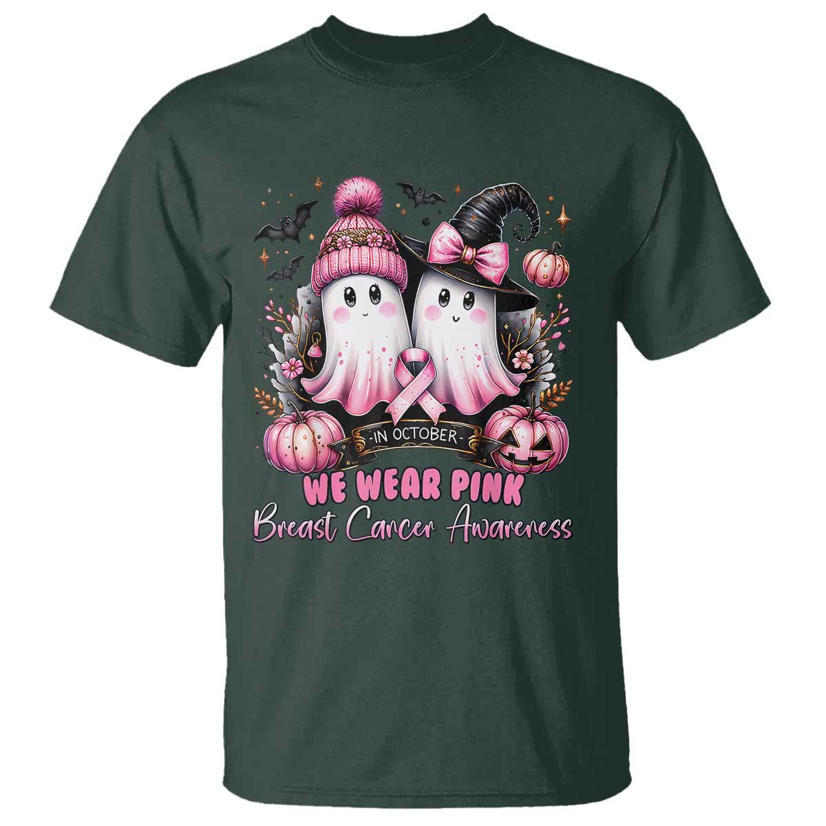 Breast Cancer Support Witch T Shirt In October We Wear Pink Ghost Witch