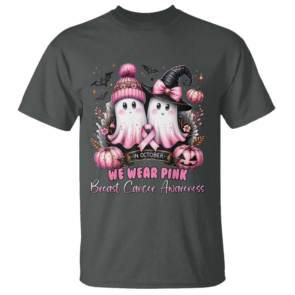 Breast Cancer Support Witch T Shirt In October We Wear Pink Ghost Witch