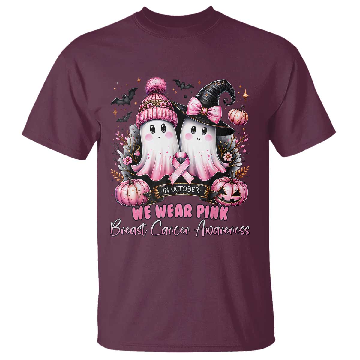 Breast Cancer Support Witch T Shirt In October We Wear Pink Ghost Witch
