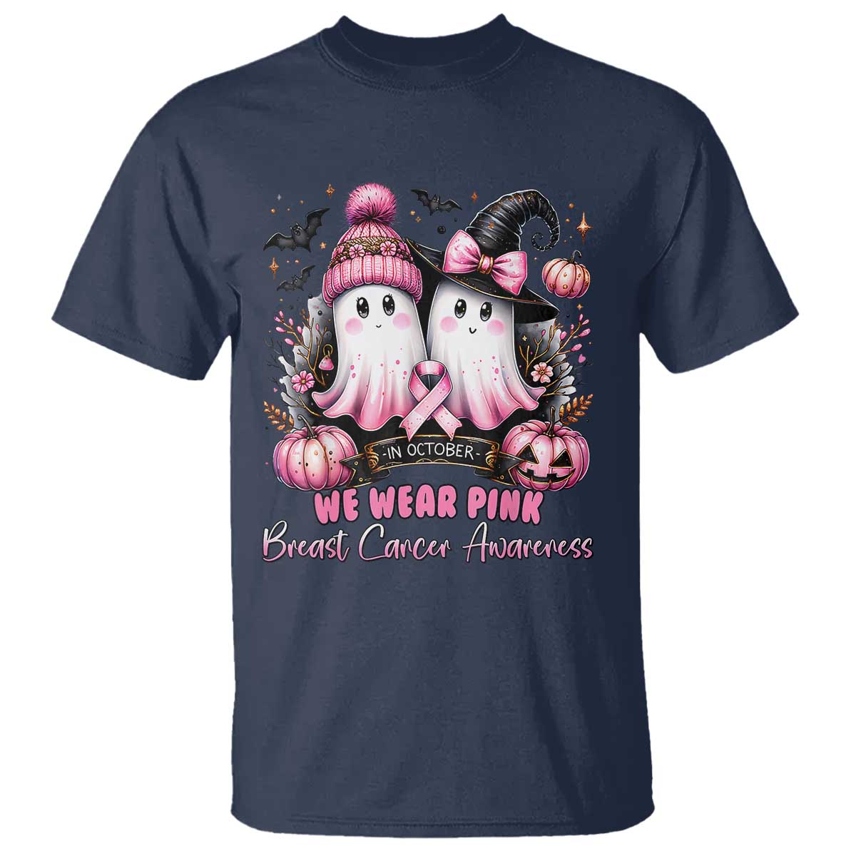 Breast Cancer Support Witch T Shirt In October We Wear Pink Ghost Witch