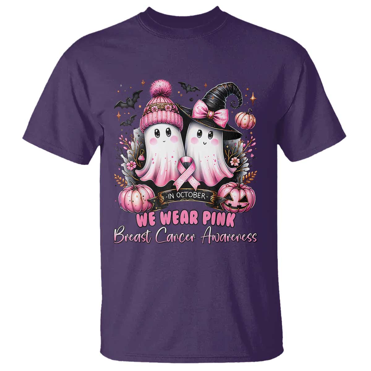 Breast Cancer Support Witch T Shirt In October We Wear Pink Ghost Witch