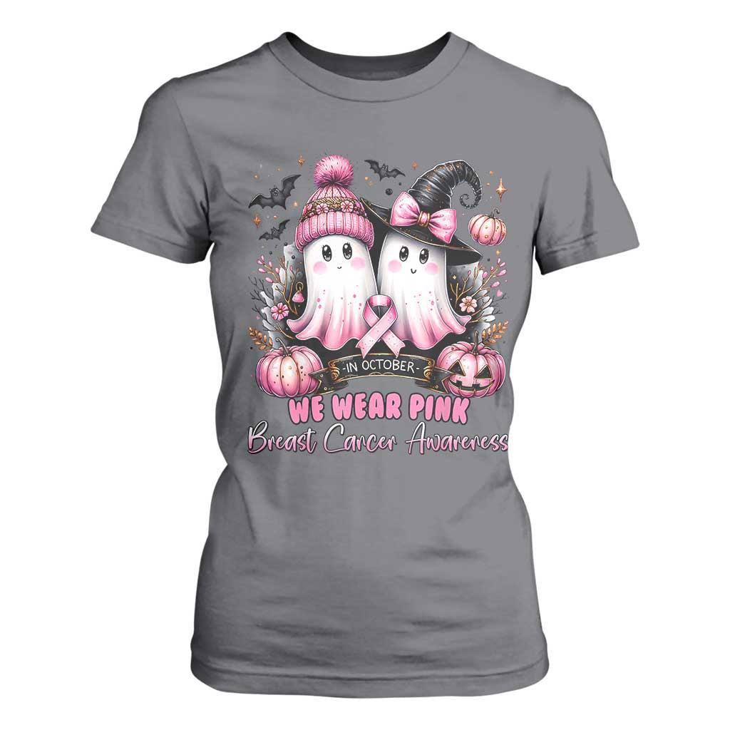 Breast Cancer Support Witch T Shirt For Women In October We Wear Pink Ghost Witch