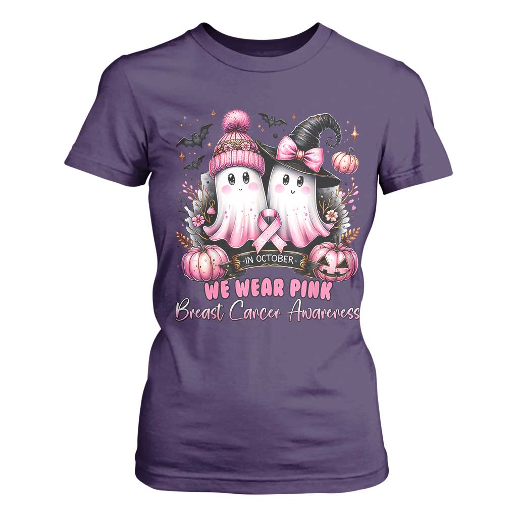 Breast Cancer Support Witch T Shirt For Women In October We Wear Pink Ghost Witch