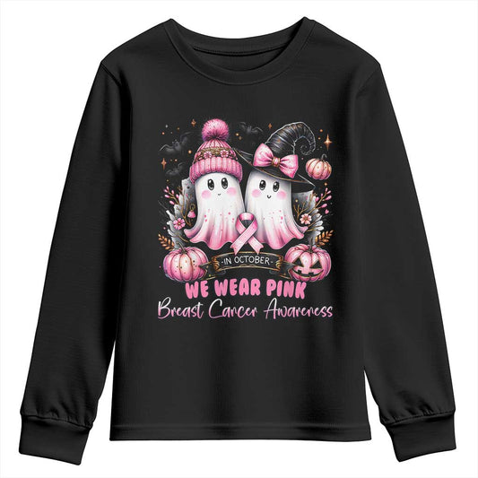 Breast Cancer Support Witch Youth Sweatshirt In October We Wear Pink Ghost Witch