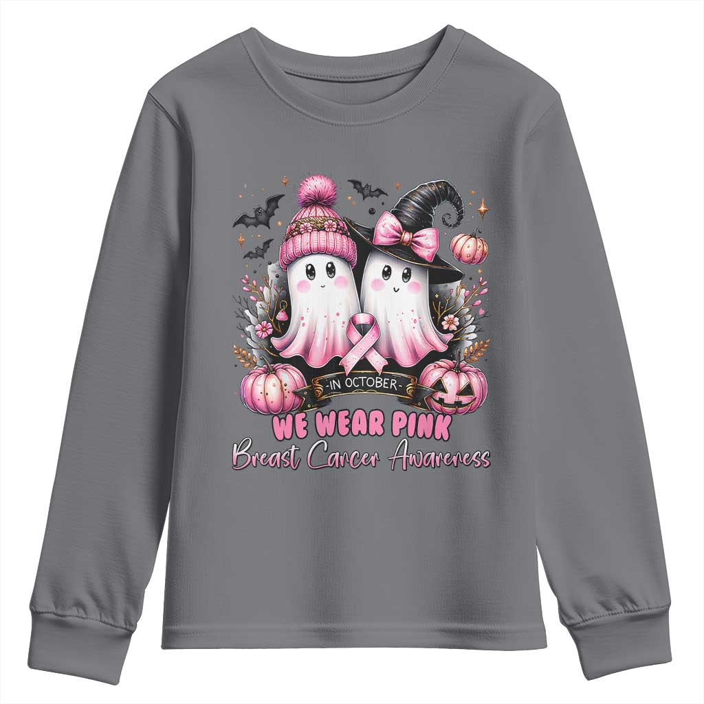 Breast Cancer Support Witch Youth Sweatshirt In October We Wear Pink Ghost Witch