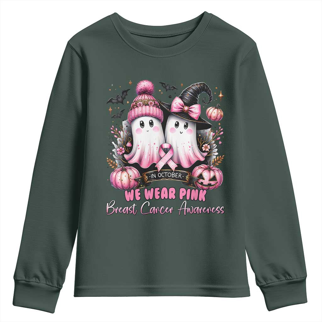 Breast Cancer Support Witch Youth Sweatshirt In October We Wear Pink Ghost Witch