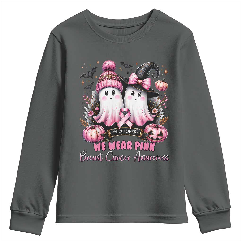 Breast Cancer Support Witch Youth Sweatshirt In October We Wear Pink Ghost Witch