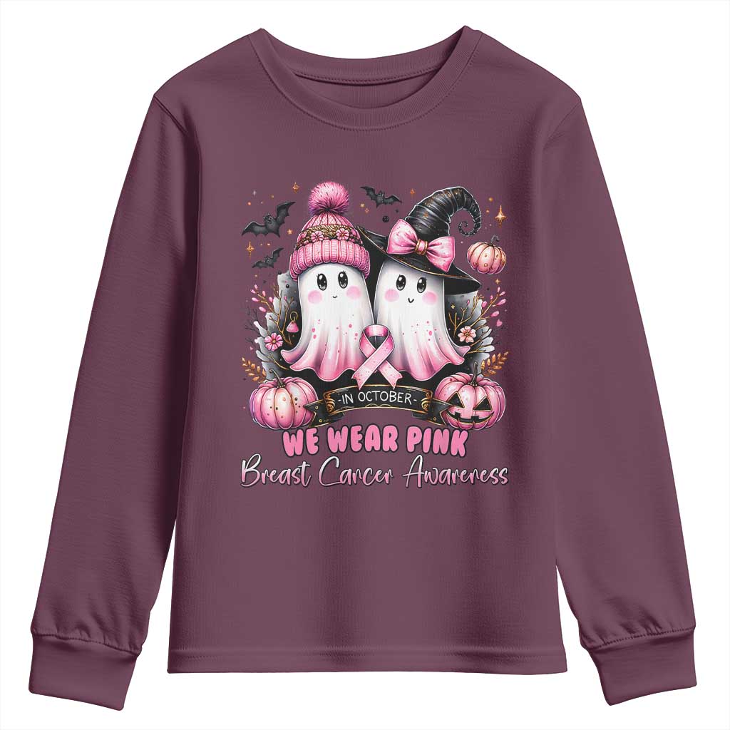 Breast Cancer Support Witch Youth Sweatshirt In October We Wear Pink Ghost Witch