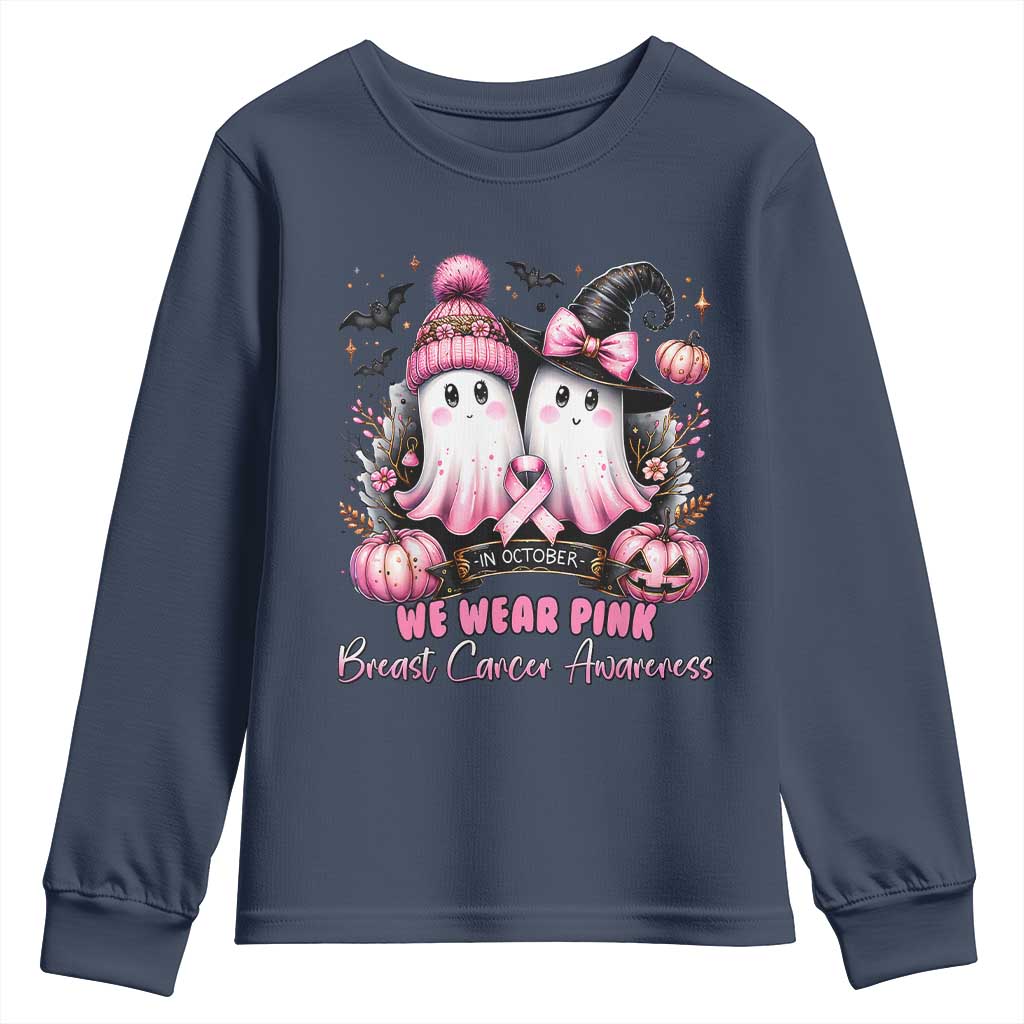 Breast Cancer Support Witch Youth Sweatshirt In October We Wear Pink Ghost Witch