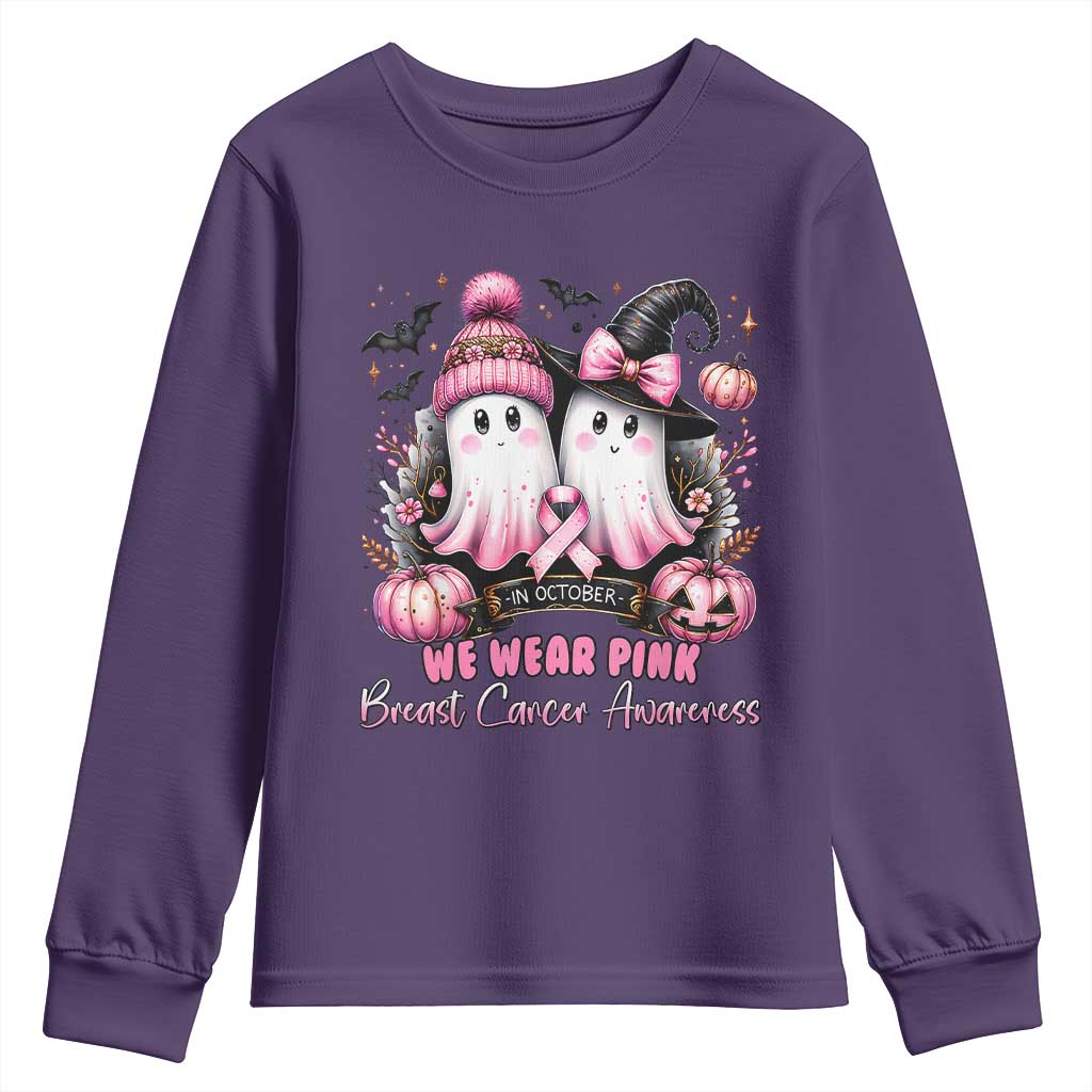 Breast Cancer Support Witch Youth Sweatshirt In October We Wear Pink Ghost Witch