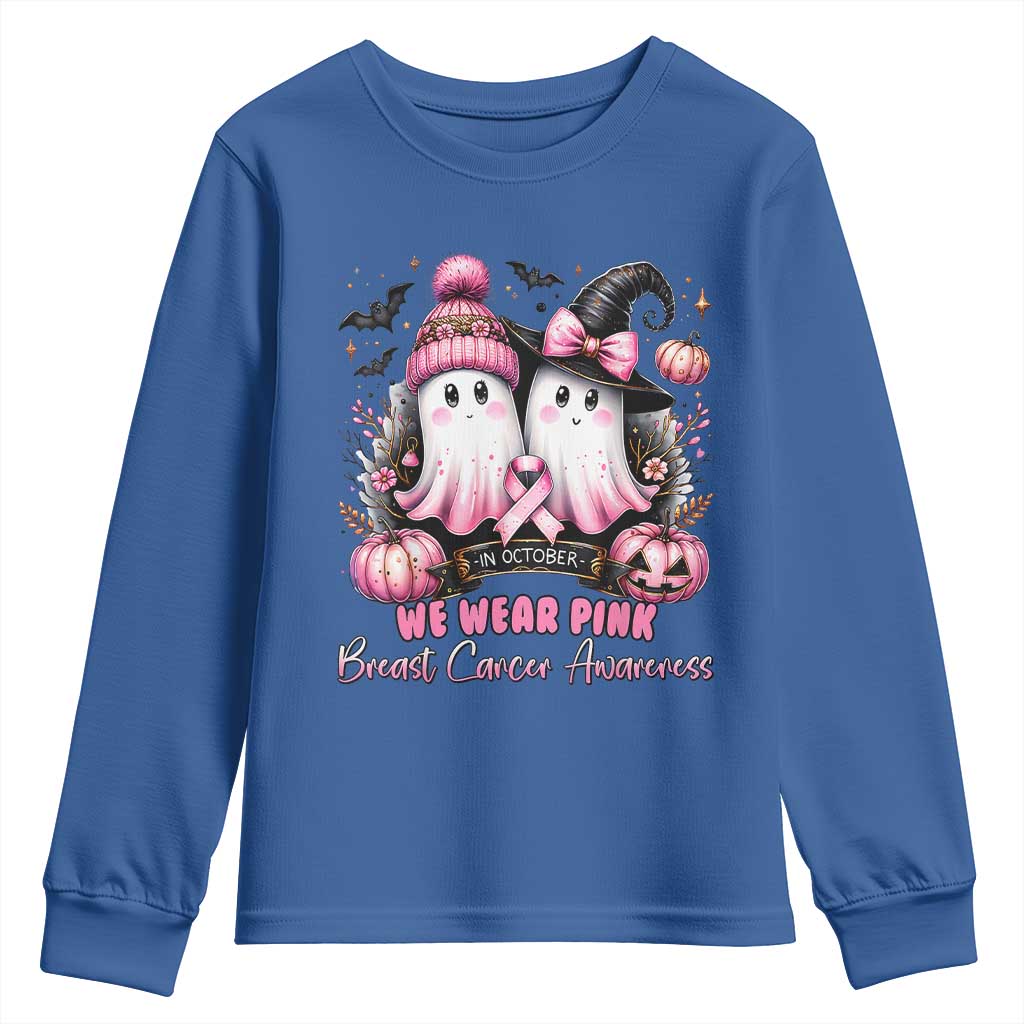 Breast Cancer Support Witch Youth Sweatshirt In October We Wear Pink Ghost Witch