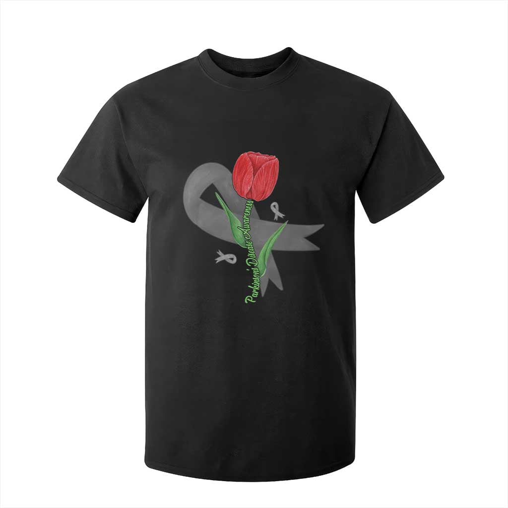 Parkinson's Support T Shirt For Kid Gray Ribbon Tulips Parkinsons Warrior