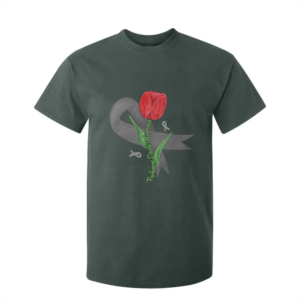 Parkinson's Support T Shirt For Kid Gray Ribbon Tulips Parkinsons Warrior