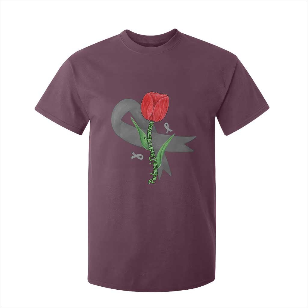 Parkinson's Support T Shirt For Kid Gray Ribbon Tulips Parkinsons Warrior