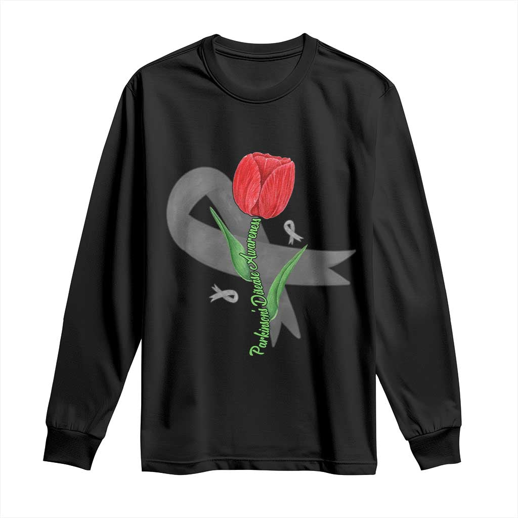 Parkinson's Support Long Sleeve Shirt Gray Ribbon Tulips Parkinsons Warrior