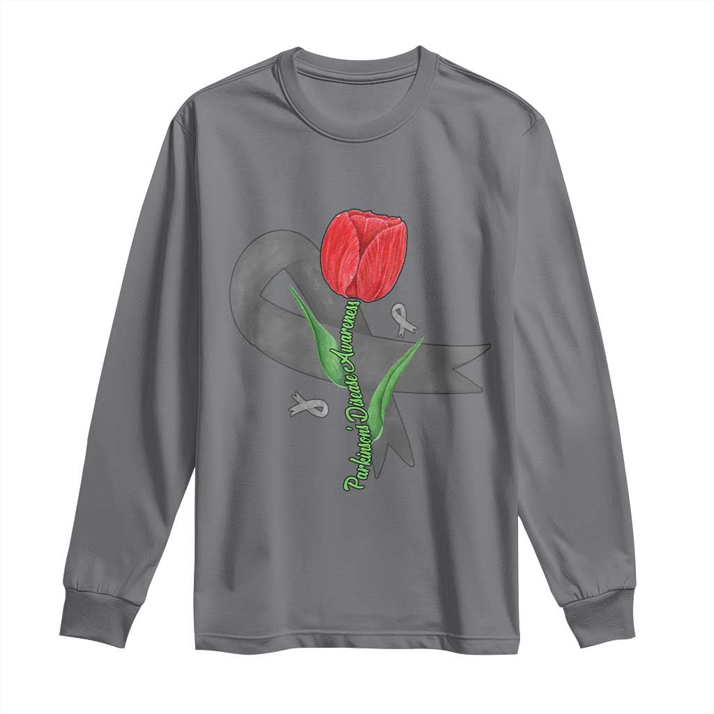Parkinson's Support Long Sleeve Shirt Gray Ribbon Tulips Parkinsons Warrior