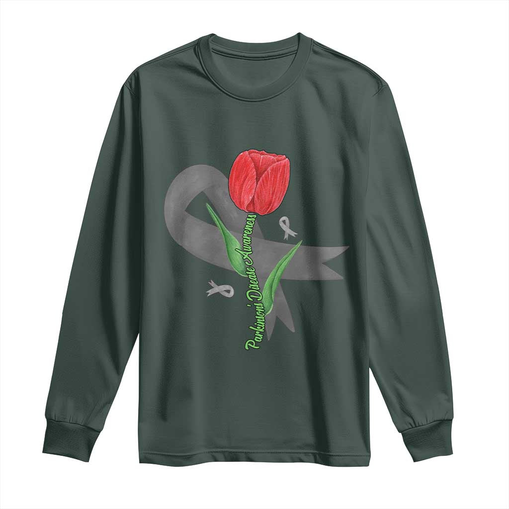 Parkinson's Support Long Sleeve Shirt Gray Ribbon Tulips Parkinsons Warrior