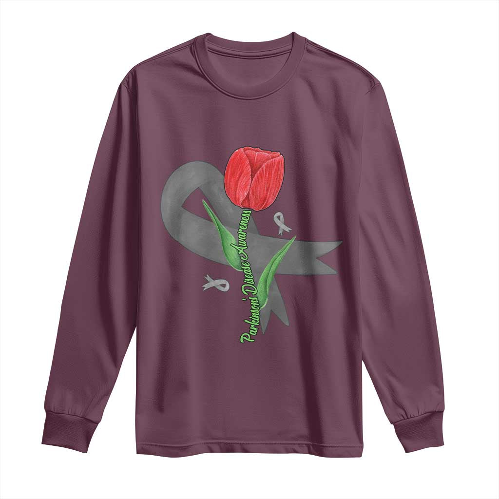 Parkinson's Support Long Sleeve Shirt Gray Ribbon Tulips Parkinsons Warrior
