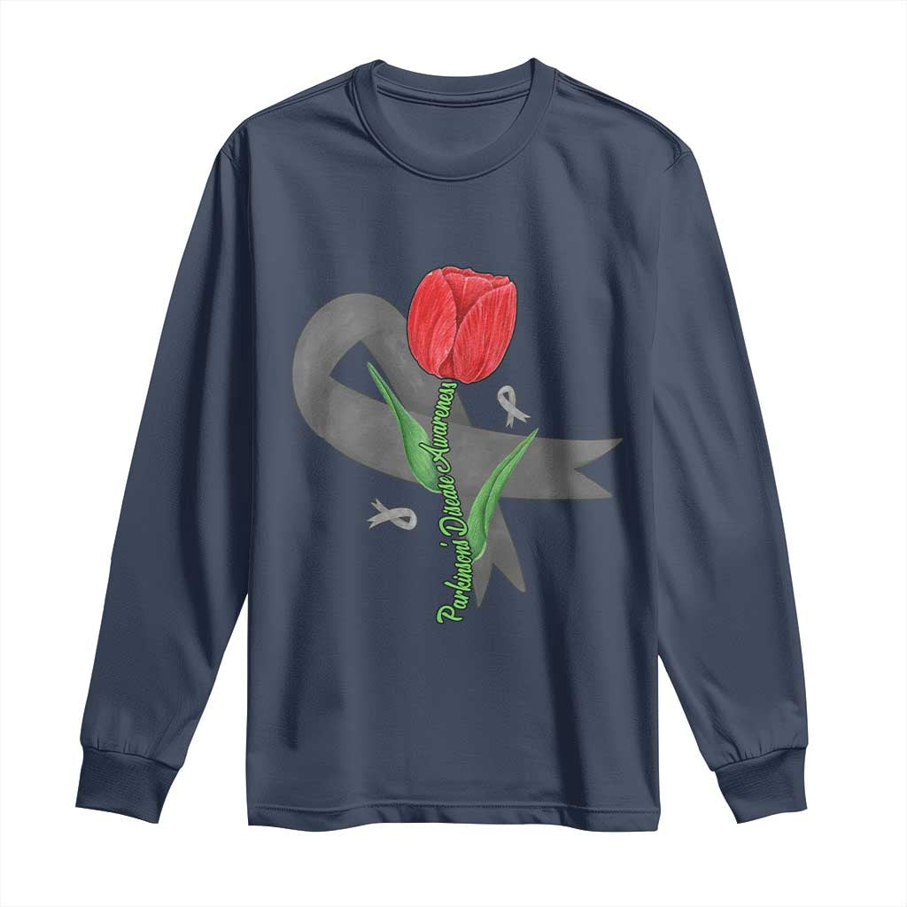 Parkinson's Support Long Sleeve Shirt Gray Ribbon Tulips Parkinsons Warrior