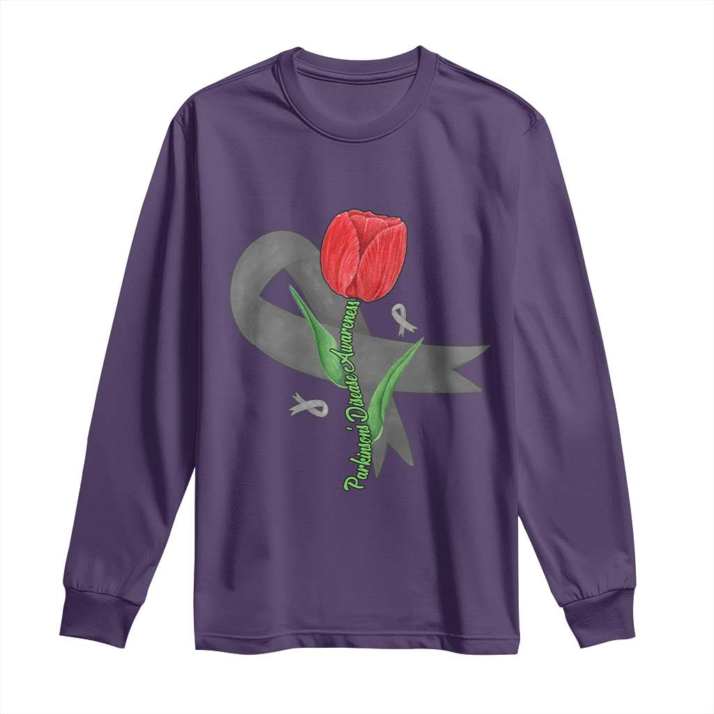Parkinson's Support Long Sleeve Shirt Gray Ribbon Tulips Parkinsons Warrior