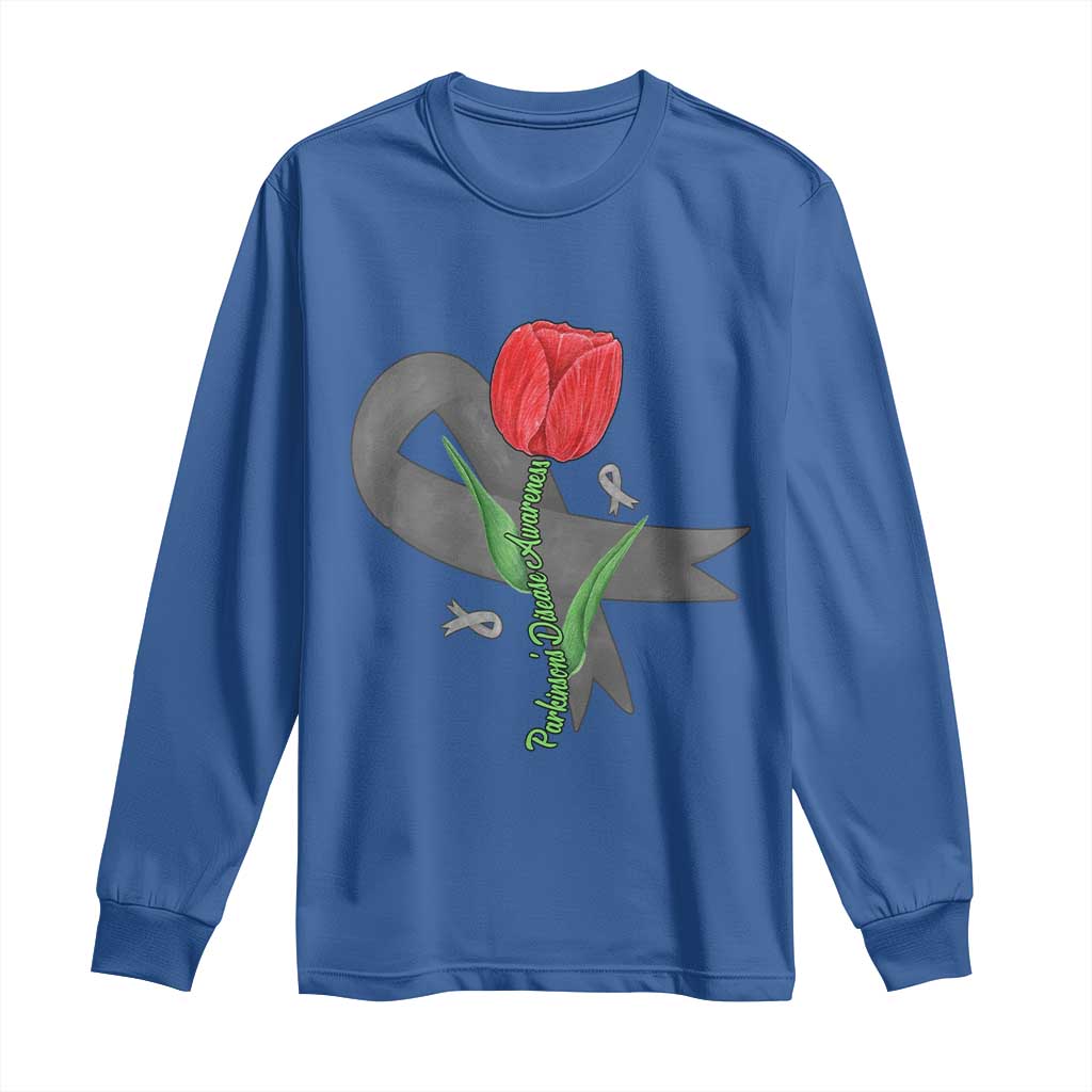 Parkinson's Support Long Sleeve Shirt Gray Ribbon Tulips Parkinsons Warrior