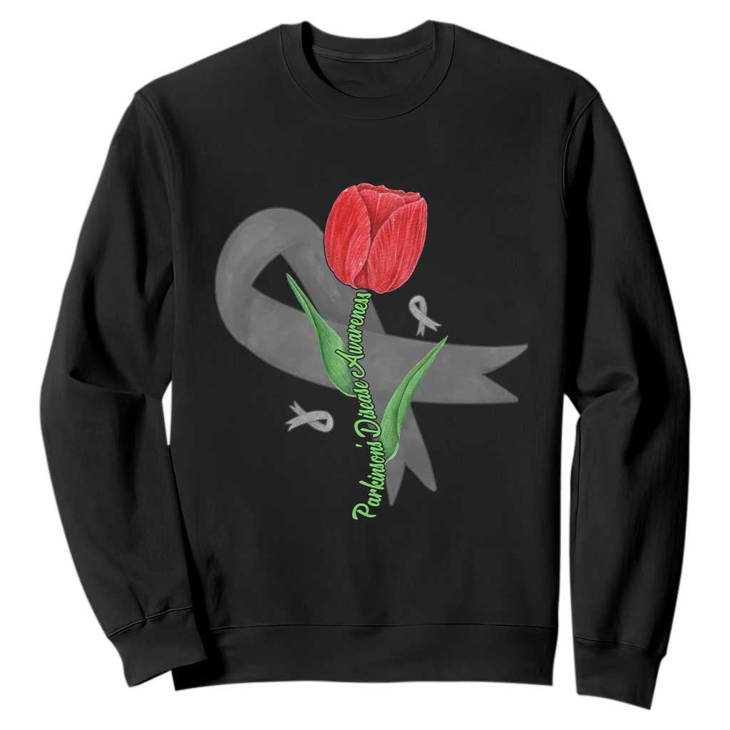 Parkinson's Support Sweatshirt Gray Ribbon Tulips Parkinsons Warrior