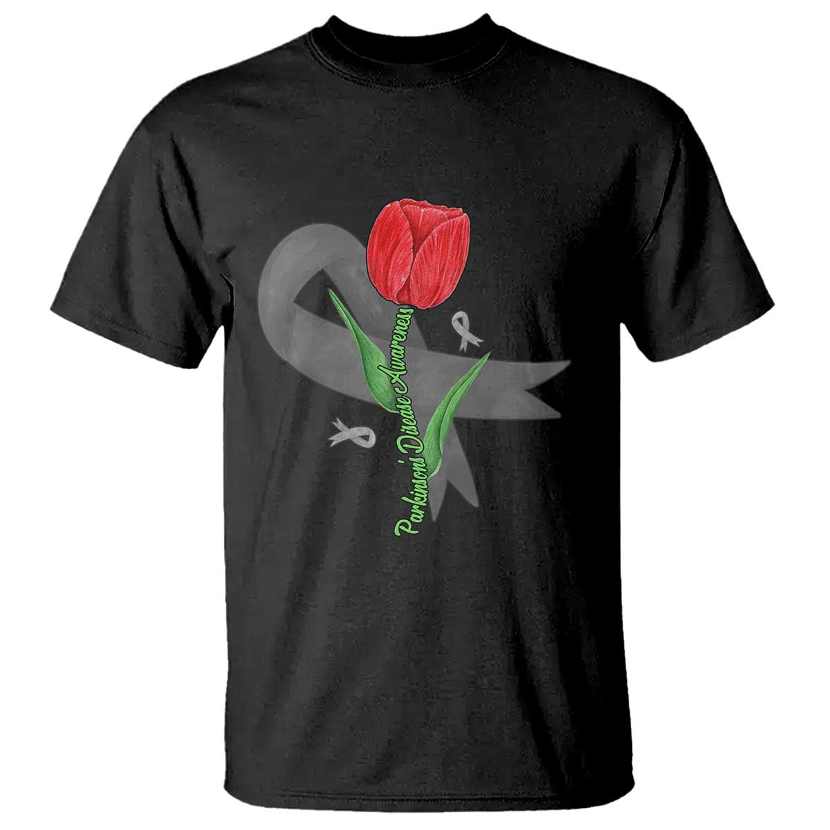 Parkinson's Support T Shirt Gray Ribbon Tulips Parkinsons Warrior