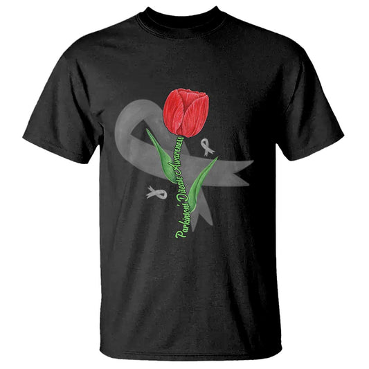 Parkinson's Support T Shirt Gray Ribbon Tulips Parkinsons Warrior