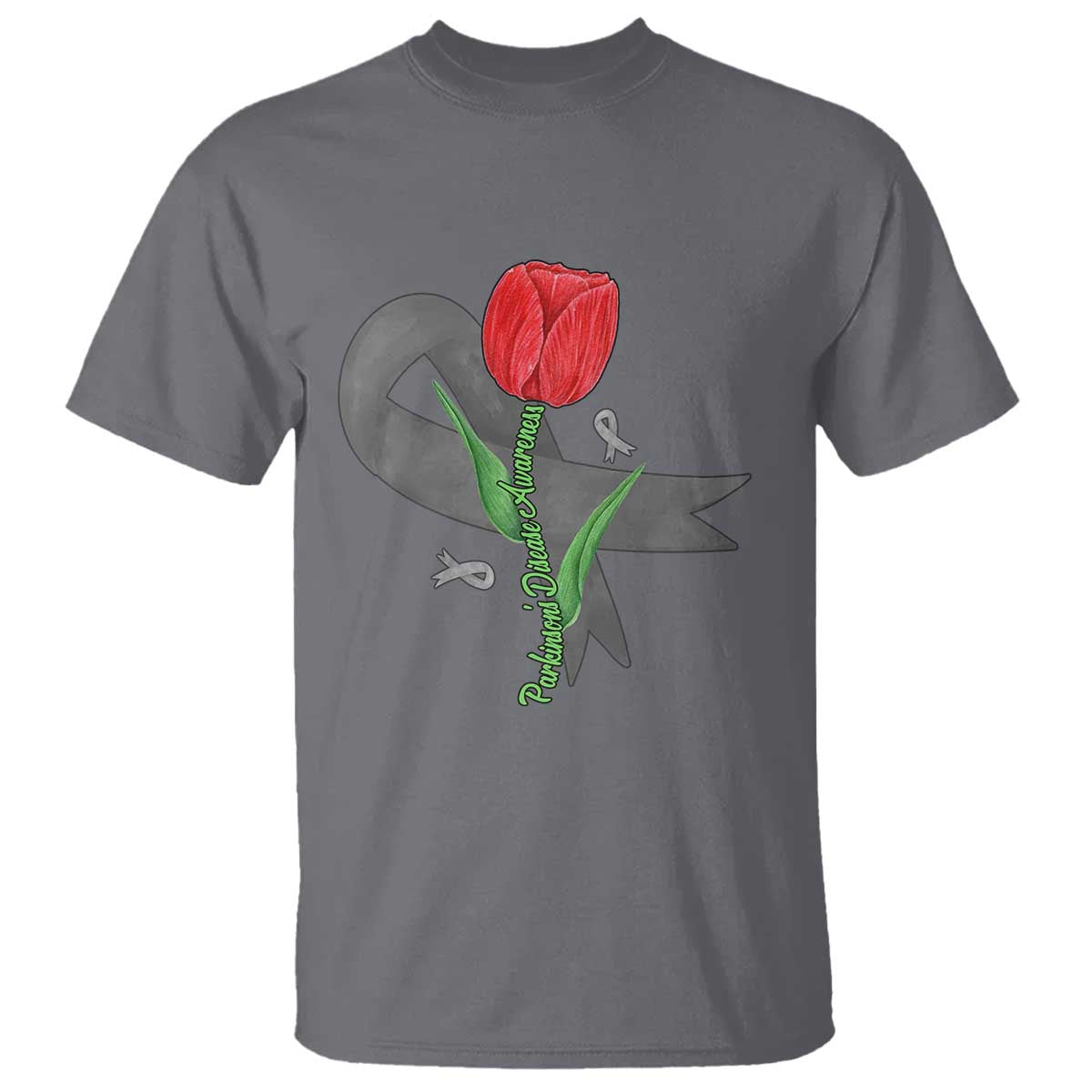 Parkinson's Support T Shirt Gray Ribbon Tulips Parkinsons Warrior