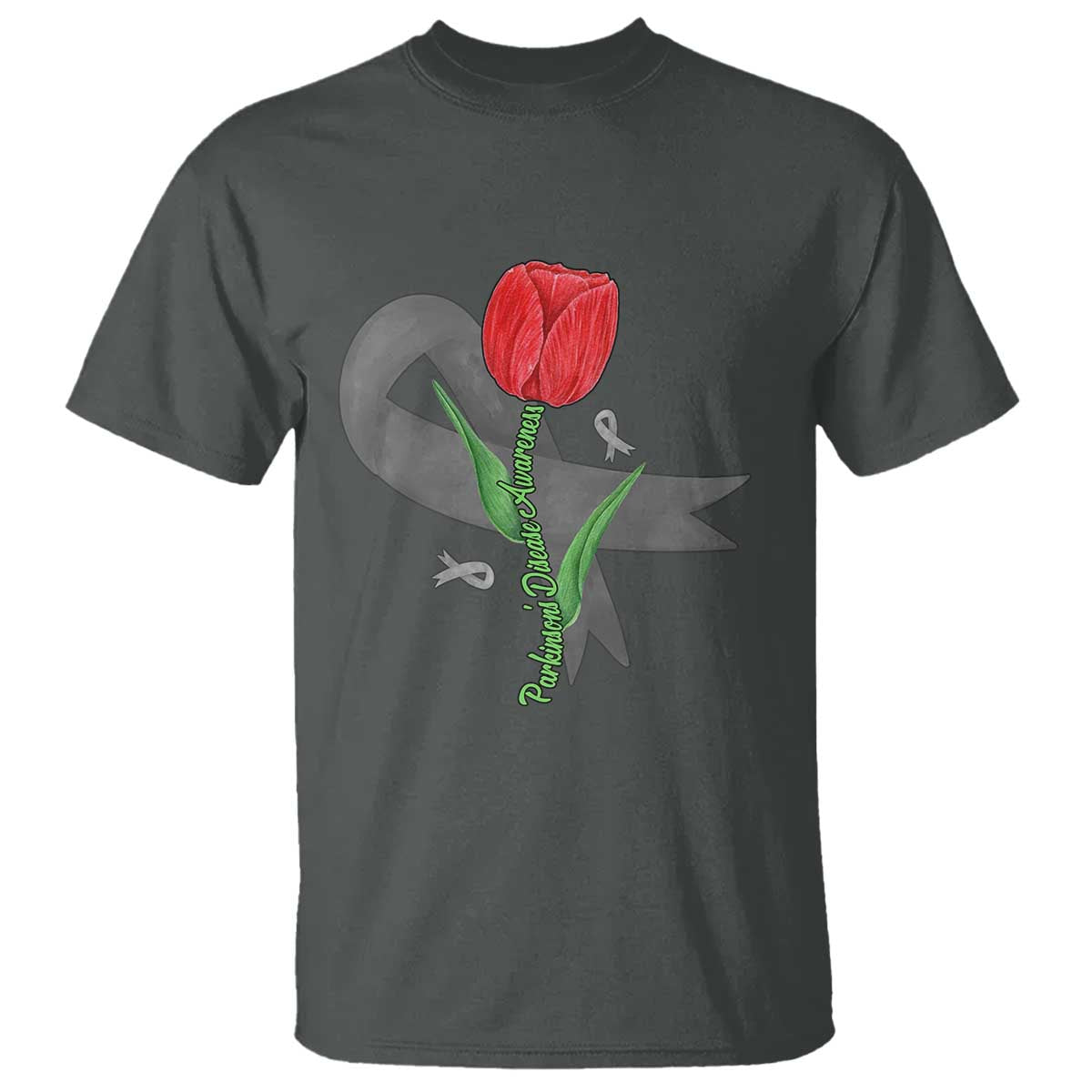 Parkinson's Support T Shirt Gray Ribbon Tulips Parkinsons Warrior