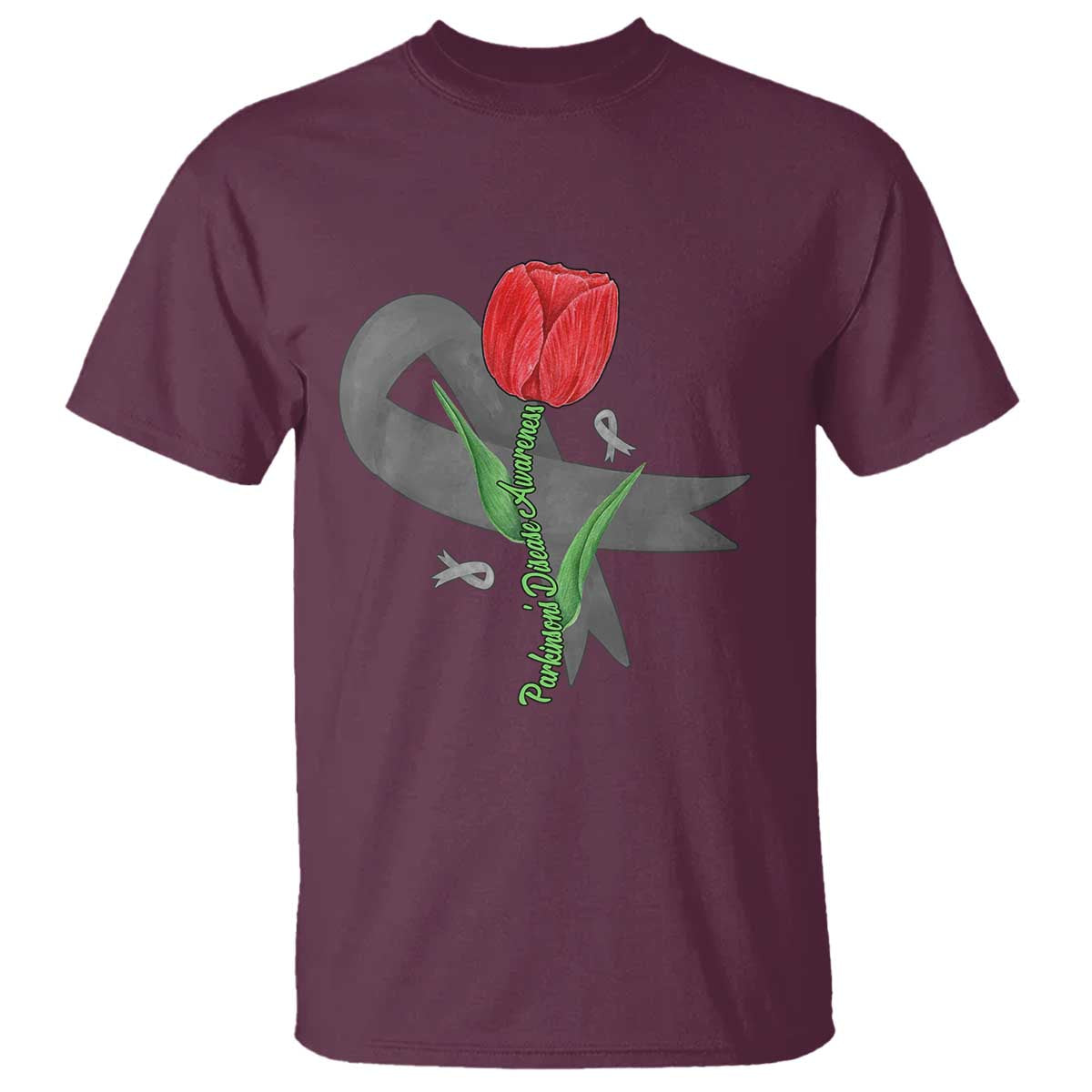 Parkinson's Support T Shirt Gray Ribbon Tulips Parkinsons Warrior