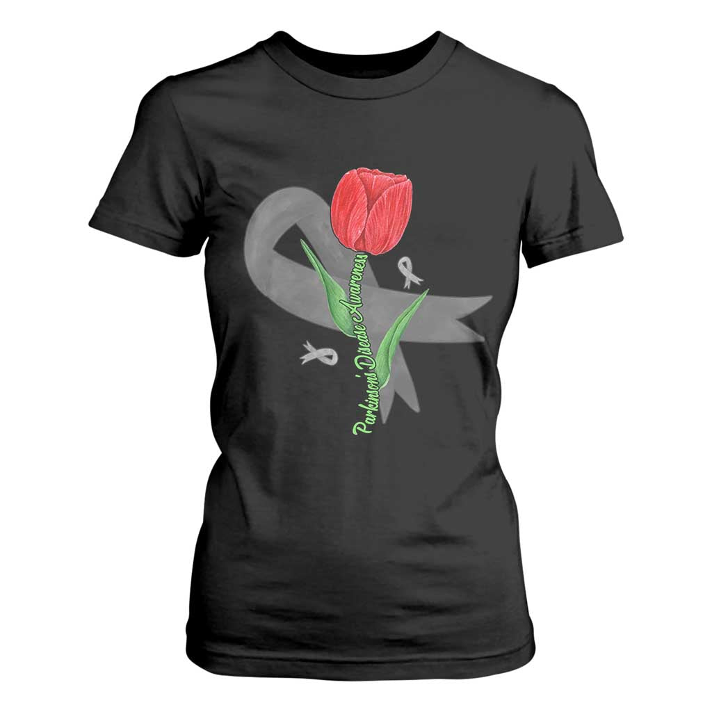 Parkinson's Support T Shirt For Women Gray Ribbon Tulips Parkinsons Warrior