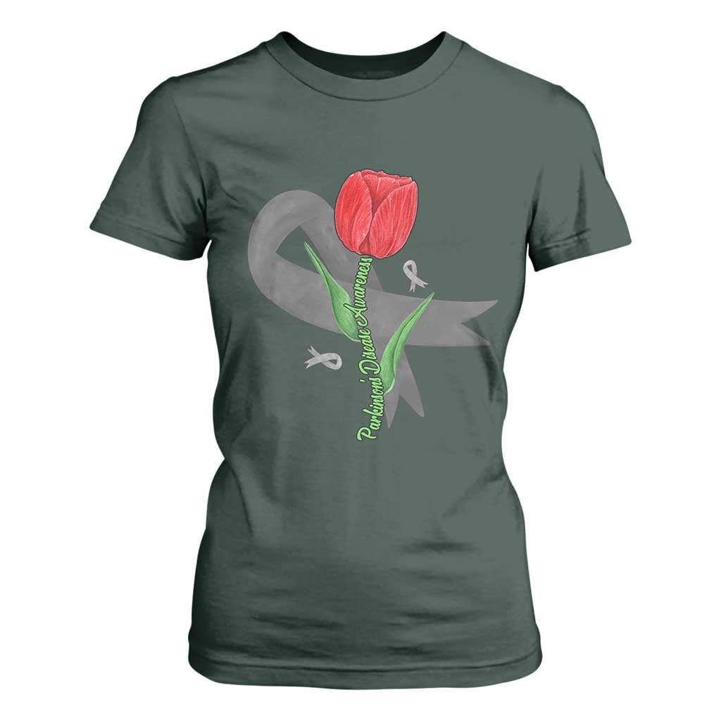 Parkinson's Support T Shirt For Women Gray Ribbon Tulips Parkinsons Warrior