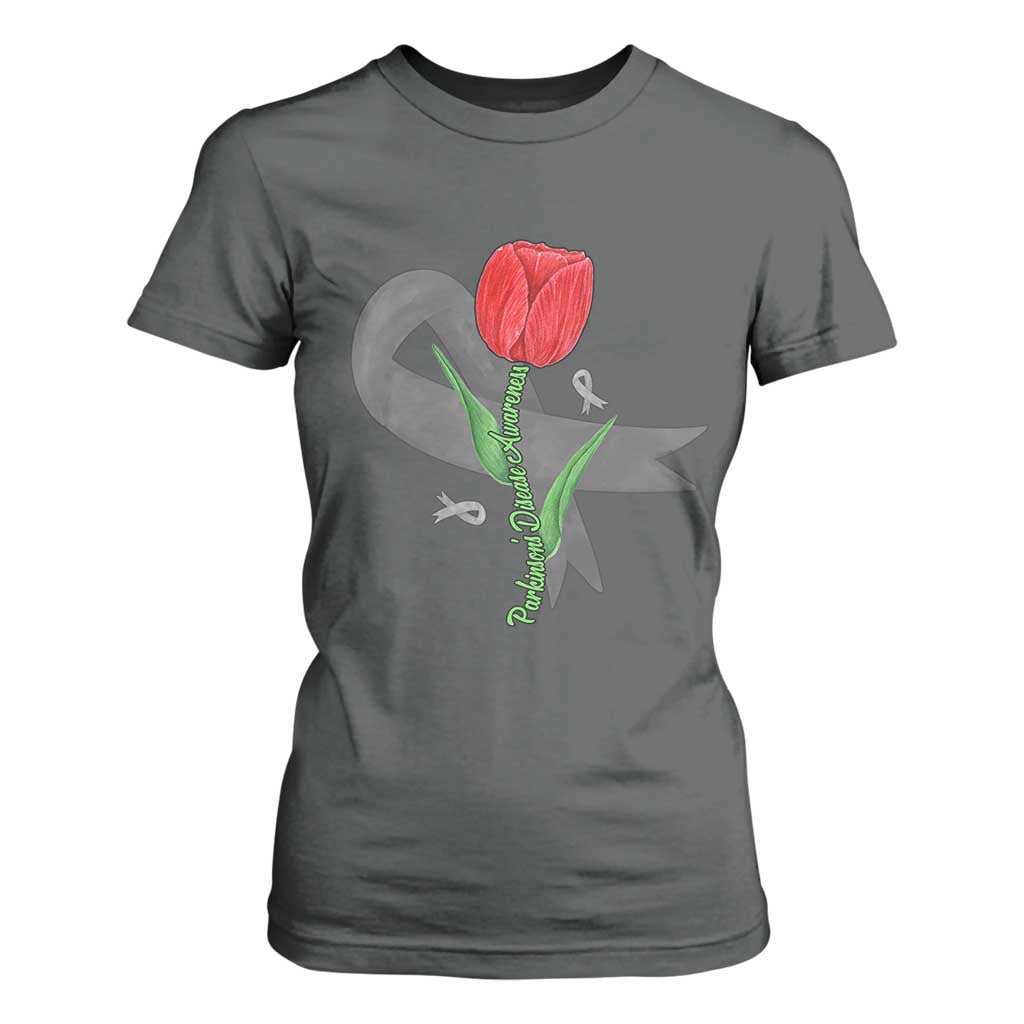 Parkinson's Support T Shirt For Women Gray Ribbon Tulips Parkinsons Warrior