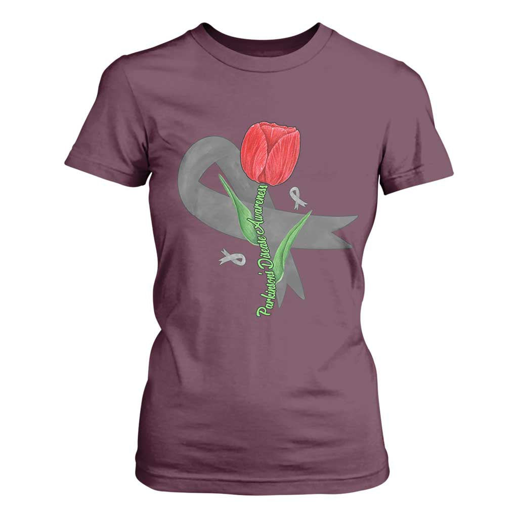 Parkinson's Support T Shirt For Women Gray Ribbon Tulips Parkinsons Warrior