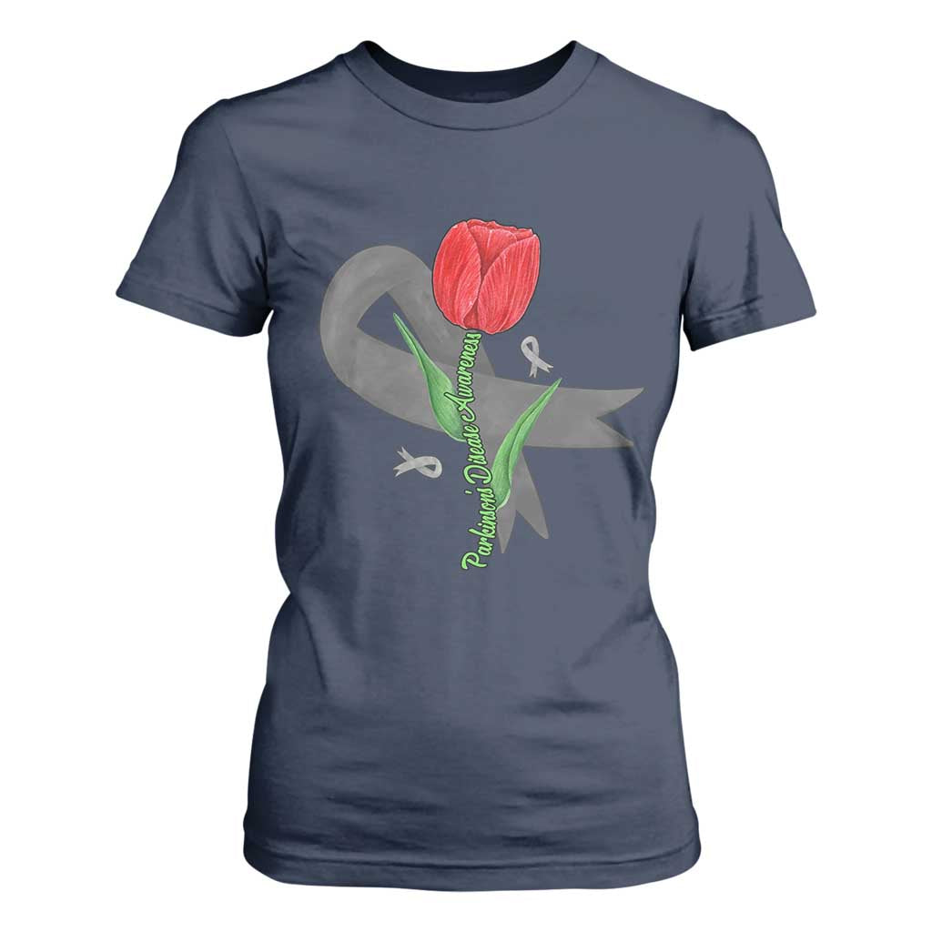 Parkinson's Support T Shirt For Women Gray Ribbon Tulips Parkinsons Warrior
