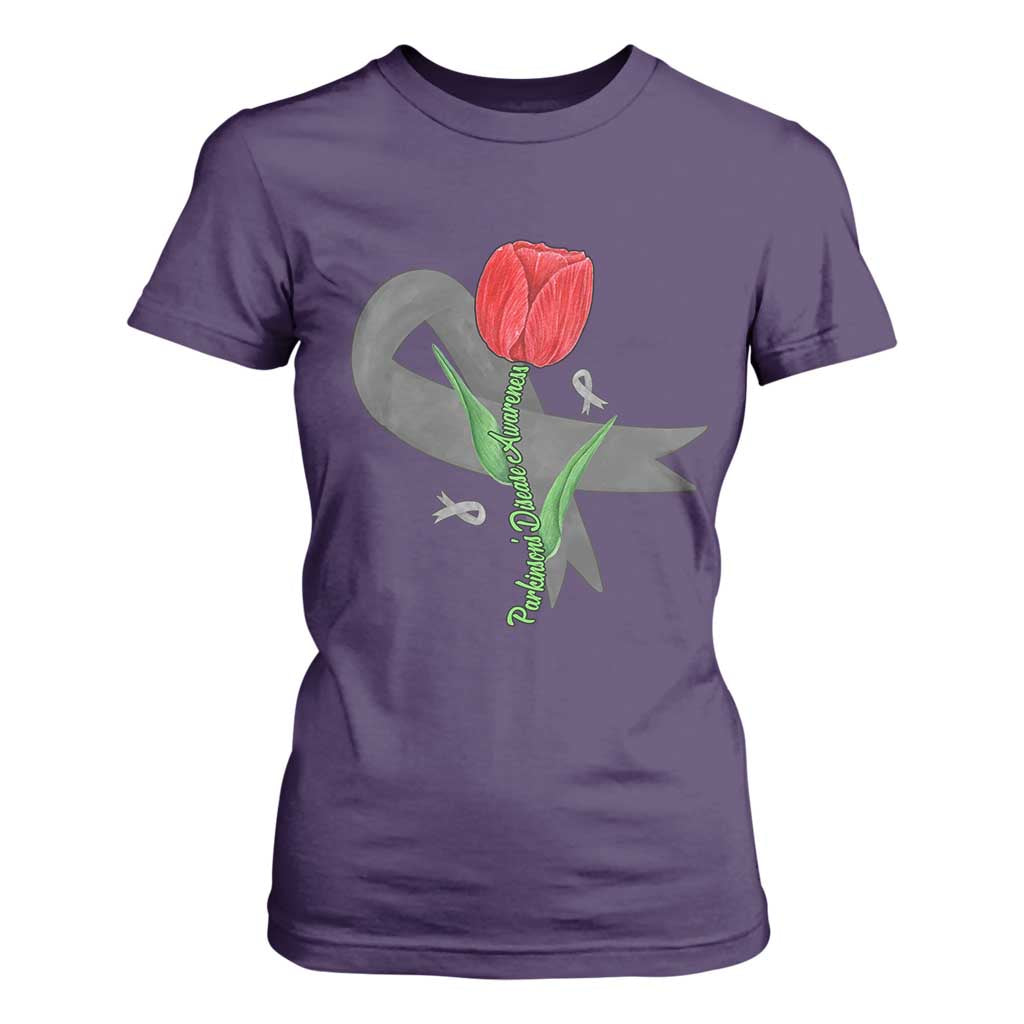 Parkinson's Support T Shirt For Women Gray Ribbon Tulips Parkinsons Warrior