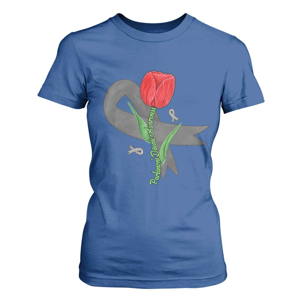 Parkinson's Support T Shirt For Women Gray Ribbon Tulips Parkinsons Warrior