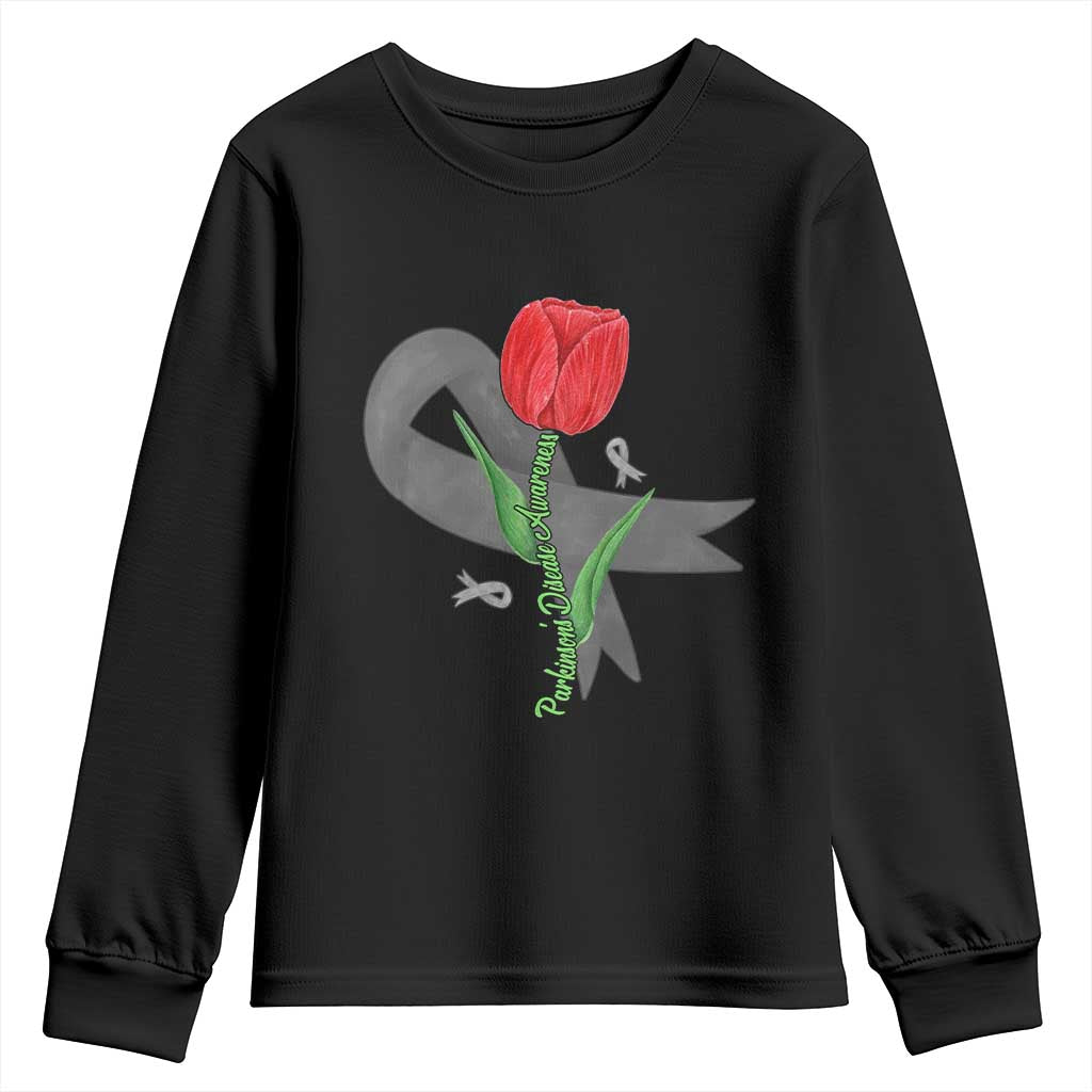 Parkinson's Support Youth Sweatshirt Gray Ribbon Tulips Parkinsons Warrior