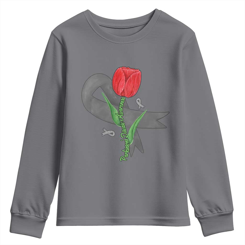 Parkinson's Support Youth Sweatshirt Gray Ribbon Tulips Parkinsons Warrior
