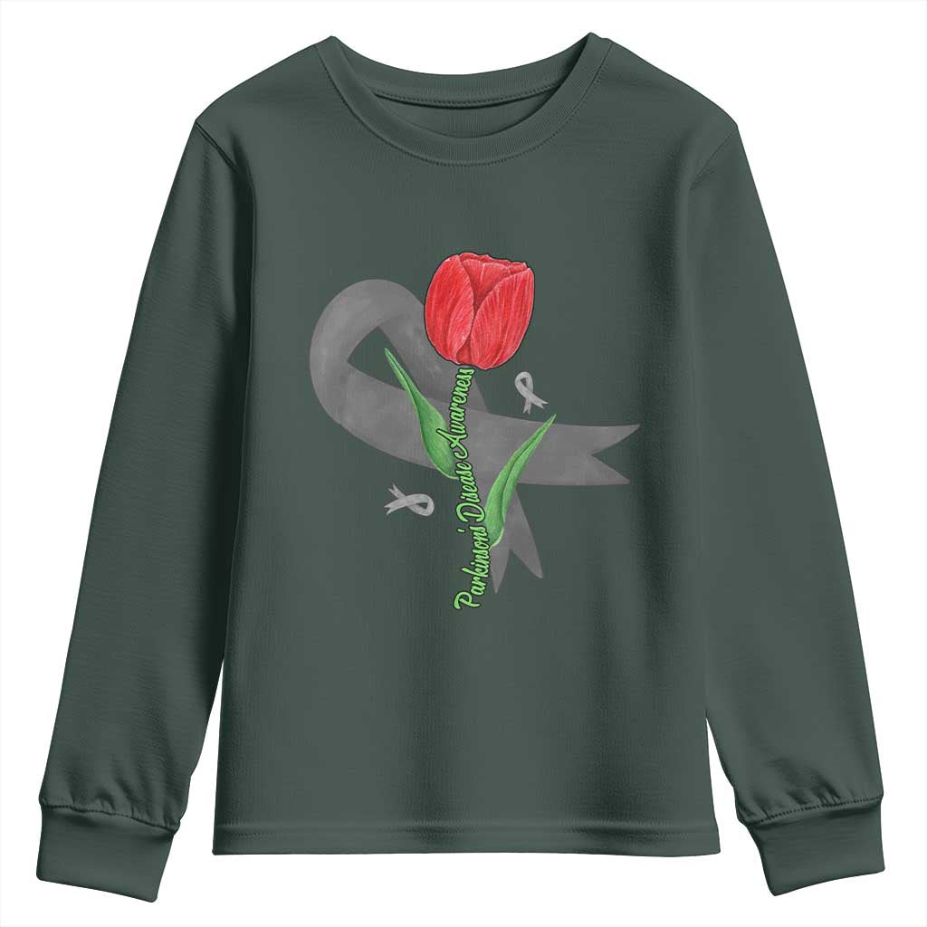 Parkinson's Support Youth Sweatshirt Gray Ribbon Tulips Parkinsons Warrior