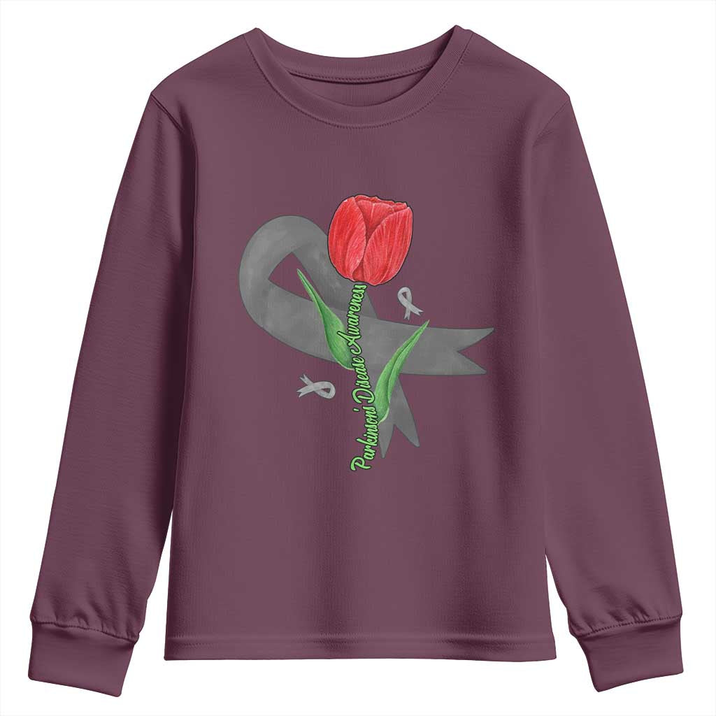 Parkinson's Support Youth Sweatshirt Gray Ribbon Tulips Parkinsons Warrior