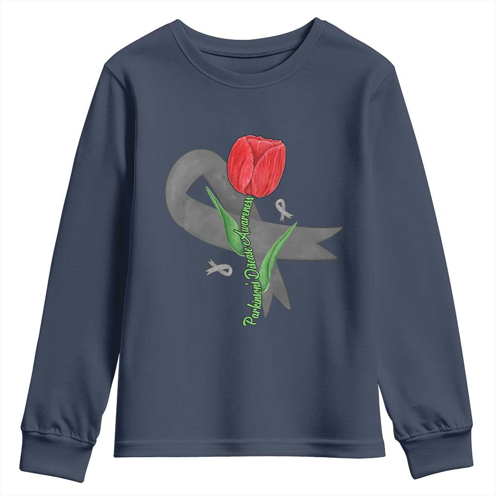 Parkinson's Support Youth Sweatshirt Gray Ribbon Tulips Parkinsons Warrior