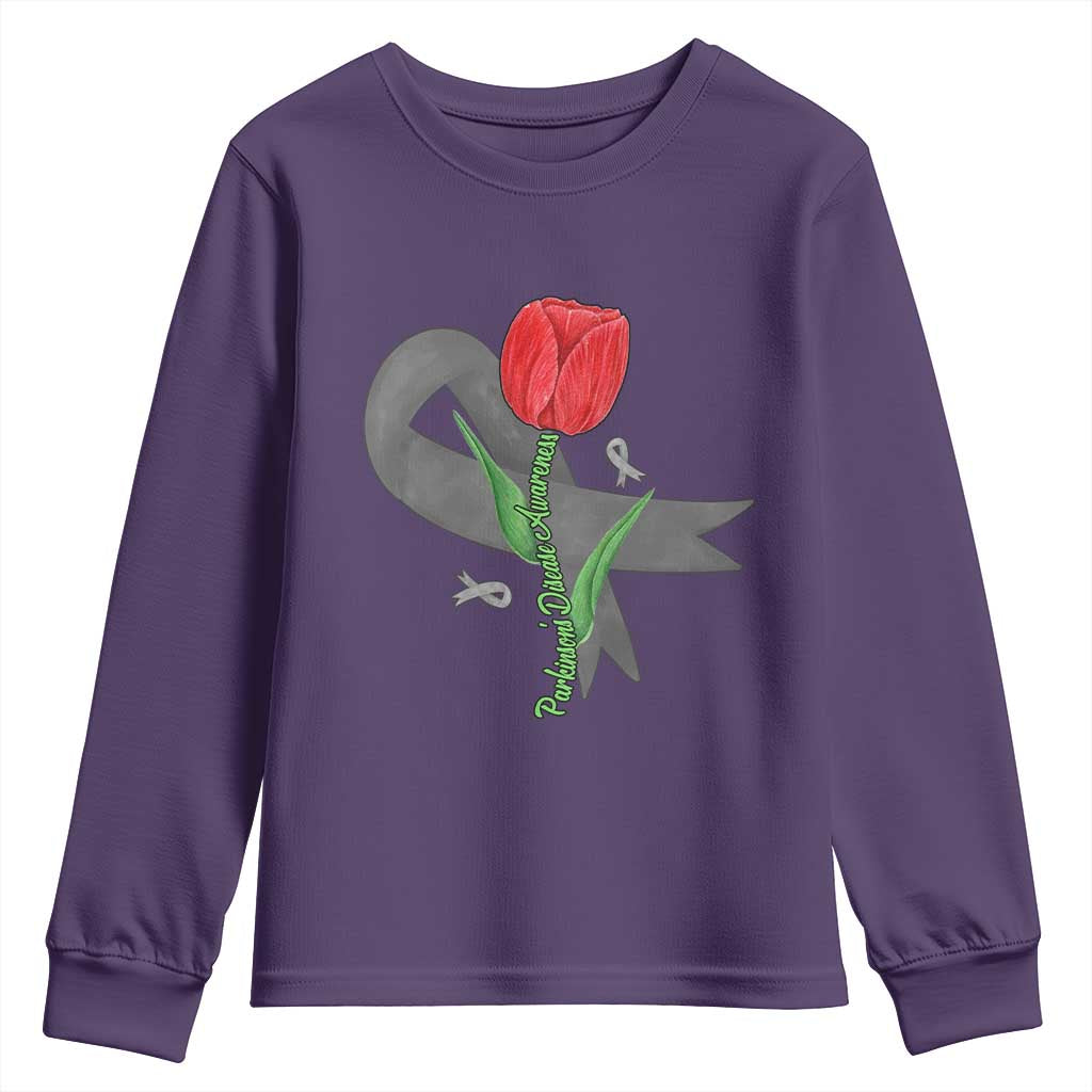 Parkinson's Support Youth Sweatshirt Gray Ribbon Tulips Parkinsons Warrior